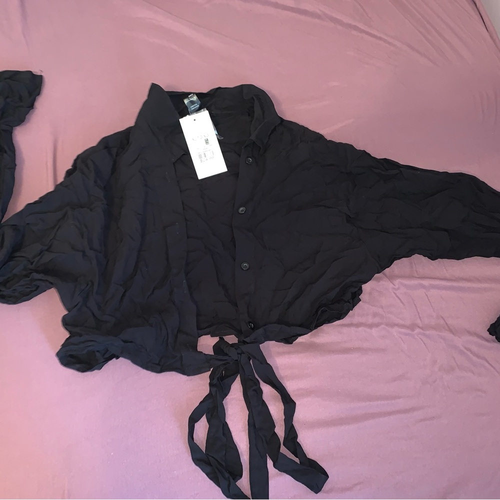 Urban Planet Black Cropped Tie-Front Button Top